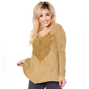 Affliction Newport Hollow Washed Thermal Tan Boho Top W/Rhinestones Women’s Sz M